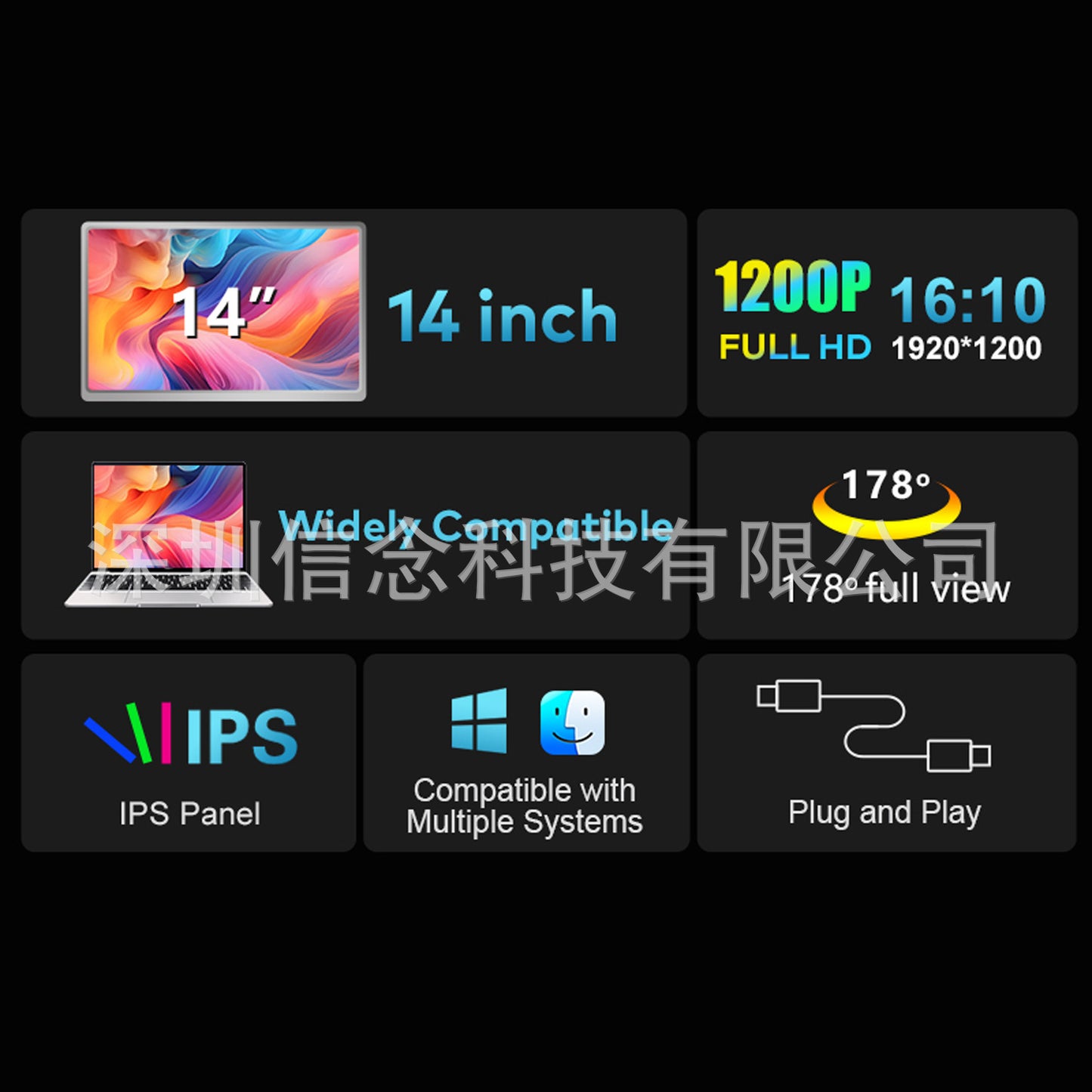 14inch 1200P Triple Laptop Screen Extender, Left Screen 360c